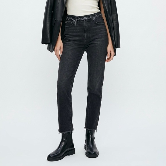 Reformation Black Cropped Cigarette Jeans 29 Raw Hem Distressed High Rise - Picture 2 of 10